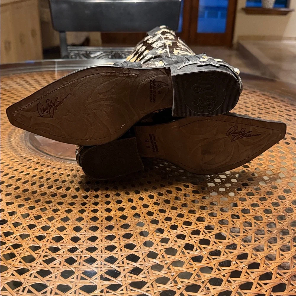 Donald J. Pliner Calf Hair Western Harness Boots Ikat Print Studded Heel - Picture 6 of 16